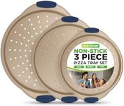 NutriChef 3-Piece Pizza Tray Set with Silicone Handles - Round Nonstick Pizza Pan with Perforated Holes, Durable Carbon Steel, Small, Medium, Large Sizes - Ideal for Crispy, Evenly Baked Pizzas (Gold)