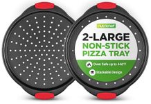 NutriChef Pizza Tray, Nonstick Baking Pan with Perforated Holes, 2 Piece-13-Inch, Round Carbon Steel Premium Bakeware Pizza Screen with Silicone Grip Handles, Dishwasher Safe - Grey