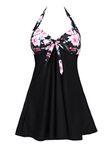 MiYang Women's Halter One Piece Plus Size Modest Tummy Control Swimdress Vintage Bathing Suit Swimswear, Black Rose, Medium