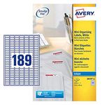 Avery J8658-25 Printable, Customisable Mini Filing Labels, 189 Labels Per A4 Sheet, White