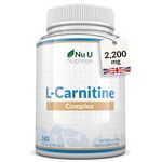 L-Carnitine Complex 2200mg - 180 High Strength Vegan Capsules - with Riboflavin, Biotin, Chromium, Vitamin D, B3 & B6 - L Carnitine Tartrate Supplement - Made in The UK - Nu U Nutrition