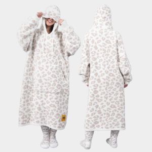 Big Blanket Co Premier Plush Hoodie Snow Leopard | Ultra-Soft Wearable Blanket | Plush Sherpa-Lined Hoodie Blanket | One Size Fits All