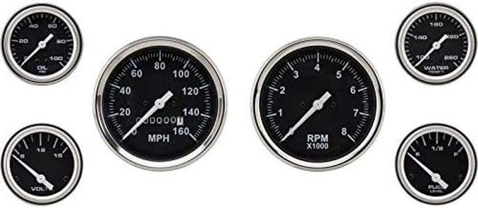 6-Gauge Vehicle Instrument Kit: Black Face, 3-3/8" Mechanical Speedometer & Tachometer, 2-1/16" Fuel, Temp, Oil & Volt Gauges, Stainless-Steel Bezel, Incandescent Lighting, Easy Installation