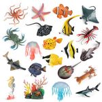 kukifun Sea Animals Toys Figures 21Pcs, Plastic Marine Creature Shark Fish Starfish Crab Lobster Octopus Seahorse Coral Jellyfish Ocean Life for Kids Birthday Party Favor Cake Decoration