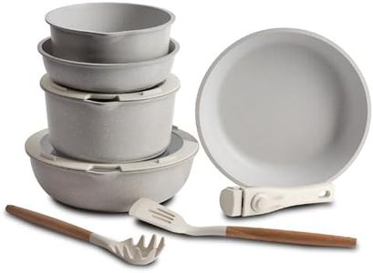 BERGNER CLICK&COOK - Set 10 PZS Pentole Easy Click Beige - Include padelle, casseruole, coperchi e utensili - Alluminio pressofuso - Rivestimento antiaderente in effetto marmo - Manico rimovibile