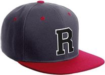 Daxton Classic Snapback Hat Custom A to Z Initial Varsity Letters, Charcoal Red Hat White Black Letter R