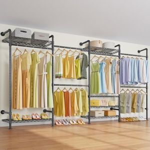 Timate F4 Wall Mounted Clothes Rack Industrial Pipe Clothing Rack for Hanging Clothes, Expandable Garment Rack Heavy Duty Wardrobe Closet Organizer and Storage, Black Adjustable Industrial Closet Kit