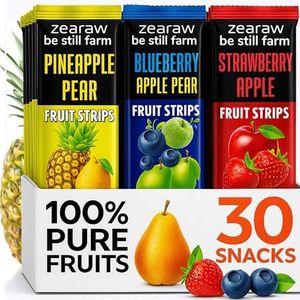 ZEARAW Healthy Fruit Snacks for Adults and Kids – 30 Fruit Leather with Dried Pineapple, Blueberry, Apple-Strawberry – Vegan Low-Carb Variety Pack Strips for Kids – Sugar Free Bars