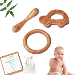 TINIGREEN Car Ring Dumbbell Shaped Organic Neem Wood Teether Combo for Baby (Pack of 3)