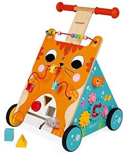 Janod Multi-Activities Adjustable Height Wooden Cat Baby Walker for Learning to Walk and Motor Skills for Ages 12+ Months