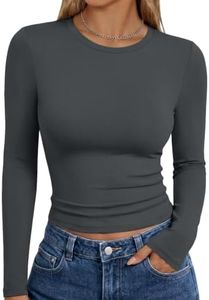 Trendy Queen Womens Long Sleeve Shirts Basic Crop Tops Tight Slim Fit Cute Teen Girls Fall Winter Y2k Clothes Gray L