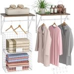 DAOUTIME 2 Set Laundry Room Shelves Wall Mounted with Wire Storage Baskets, Over Washer and Dryer Shelves with Hanging Rods and Hooks, Wire Shelves for Laundry Organization and Storage, White, Wooden