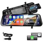 Podofo Car Mirror Dash Cam Wireless Apple CarPlay Android Auto 9.66" IPS Touch Screen Rear View Mirror Camera 1080P Front and Rear View Dual Cameras with Night Vision Parking Assistance for Car Trucks