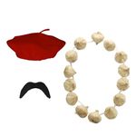 FNA Fashions Unisex French Day 3 Pieces Beret Moustache & Garlic Garland Fancy Dress Set Costume - Red