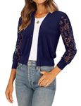 BETTE BOUTIK Cropped Cardigan Sweaters for Women's Casual Lace Crochet Cardigan 3/4 Sleeve Sheer Cover Up Jacket Deep Blue Large