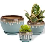 Lyellfe Set of 3 Ceramic Plant Pot, Planter Pots with Drain Hole and Connected Saucer, 7/5 / 4 Inch Decorative Flower Pots for Indoor Outdoor, Balcony, Office, Apple Shape