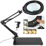 Veemagni 5 Inch Large Magnifying Glass with Light and Stand, 5 Color Modes Stepless Dimmable 10X Glass Lens, Hands Free 2-in-1 Desk Lamp & Clamp, LED Lighted Magnifier for Repair Crafts Close Work