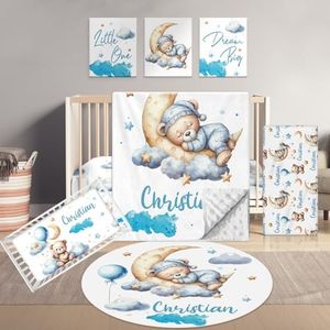 Terwex Personalized Baby Crib Set, 5 Pcs Custom Name Bedding for Girls Boys - Nursery Crib Sets, Soft Toddler Sets for Infant Customized Gifts, Blue Moon Bear