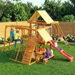 SUNIBOXI Wooden Swing Sets for Backyard, Kids Outdoor Playground Set with Monkey Bars, Slide, Swings, Climbing Ladder, Rock Wall, Picnic Table with Canopy for Ages 3-10