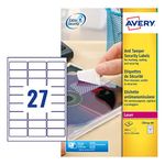 Avery L6114-20 Anti Tamper Labels (A4 Sheets of 63.5 x 29.6 mm, 27 Labels per Sheet, 20 Sheets) - White