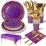 Nkaiso Purple Gold Party Tableware 141 Pieces Paper Tableware Set Includes Paper Plates Napkins Cups Knives Forks Spoons for Wedding Shower Engagement Wedding Birthday (20 Guests)