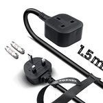 Single Extension Lead 1.5M, 1 Way Gang Single Plug Extension Lead Surge Protected, 13amp 250V 3kw UK 3 Pin Fused Mains Single Socket Extension Lead, Rubber, Tough and Fireproof, Black