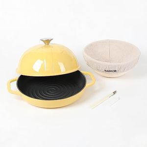 HAWOK Cast Iron Bread Oven with Cloche Lid, Dia. 9.8inch/25cm, with Proofing Basket and Dough Scoring Knife, Sourdough Baking Pan, Enameled Yellow