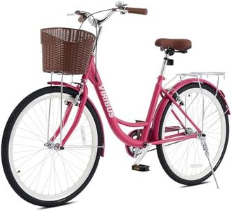 Viribus Beach Cruiser Bike for Women, 26 inch Womens Bike with Basket 1 Speed, Step Through Adult Bicycle for City Commuter, Seniors, Ladies, Female, Vintage Retro Fushia