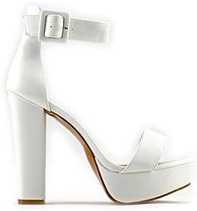 MODELISA - Sandalia Tacón Ancho Con Plataforma Pu Hebilla Pulsera Tobillo Mujer (Blanco, numeric_39)