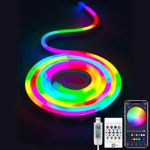 ShineBurky RGBIC Striscia LED Neon 2 metri con Controllo App e Telecomando, Sincronizzazione di Musica, IP67 Impermeabile, Striscia LED Esterno USB per Cucina, Giochi, Decorazione da parete