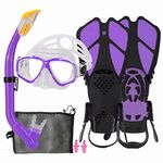 Kids Snorkeling Set with Fins Anti Leak Snorkeling Gear for Kids with Adjustable Flippers, Youth Junior Full Dry Snorkel Set Swimming Goggles with Nose Cover Diving Mask Scuba with Bag, 5-14 Yrs