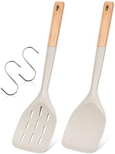 Pack of 2 Silicone Spatula, Non Stick Cooking Utensil Set Wooden Handle Kitchen Turner for Baking Mixing Grilling Serving Food Heat Resistant Non Scratch Hooks Included (Khaki)