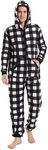 Focupaja Unisex Check Onesie Christmas Zip Up Matching Onesie Hooded Pajamas One Piece Non-Footed Jumpsuit Adult Teenager, C1-black White Check, Medium