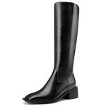 HDEUOLM Womens Chunky Block Mid Heel Square Toe Knee High Boots Slip-on Zipper Casual Cute Boots, Black, 8 UK