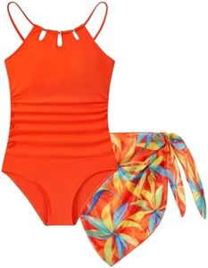 Cuddomper Girl One-Piece Swimsuit Size 11-12 Orange Bathing Suit with Cover