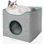 Jongee Cat Cube House Foldable Cat Condo with Reversible Cushion for Medium Large Cat Indoor Cats, Blue, 40x40x38cm