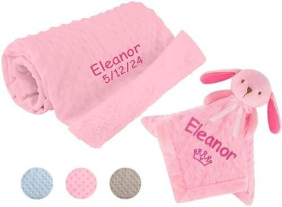 Personalized Passion Baby Blanket & Lovey Set - Super Soft Baby Swaddle Set with Embroidered Name, Birthdate - Newborn Pink Minky Blanket & Bunny Security Lovey for Girls and Boys