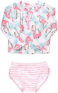 RuffleButts Long Sleeve Zipper Rash Guard - 2-Piece - Vibrant Flamingo - 4T