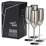 Oak & Steel - 4 Silver Stainless Steel Champagne Flutes with Gift Box, 284 ml - Elegant, Solid & Unbreakable - Birthdays, Weddings, Valentine's Day