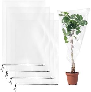 4 PCS Winter Plant Film Covers with Drawstring- 35.4" x59" Transparent Freeze Protection Bag Clear Plastic Plant Shelter Waterproof Coverings for Outdoor Garden Plant Rain Snow Frost Protection