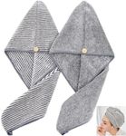 Bubuxy Hair Towel Wrap, 2 Pack Bamboo Microfiber Hair Drying Shower Turban with Buttons, Super Absorbent Quick Dry Hair Towels for Curly Long Thick Hair (Grey & Stripe)