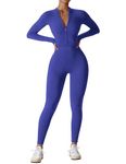 YEOREO Women Workout Jumpsuit Zip Up Long Sleeve Romper Bottom Pants Bodysuit Bodycon Sexy One Piece Royal Blue L