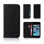 32nd Classic Series - Real Leather Book Wallet Flip Case Cover For Apple iPhone 5, 5S & SE (2016), Real Leather Design With Card Slot, Magnetic Closure and Built In Stand - Black