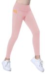 Coralup Girls' Active Leggings Kids Dance Running Yoga Pants Stretchy High Waist Sports Tight Pants with Pockets,Pink,9-10Y