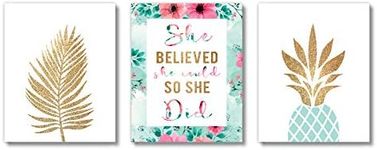 Girls Room Wall Decor Art Prints - Wall Art Posters Decor For Home, Bedroom, Dorm, Office, Cubicle, Desk - (Unframed 8 x 10 Set of 3) Teen Women Motivational & Inspirational Pineapple Floral Palm Leaf