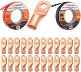 SELTERM 25pcs 1/0 AWG 5/16" Battery Lugs with 3/4" 50ft Black & Red Marine Grade Heat Shrink Tubing Roll, 3:1 Dual Wall Adhesive, Heavy Duty Copper Wire Connectors for Battery Cable Ends & Terminals