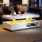 Merax High Gloss Coffee Table with 16-Color LED Lights, 2 Drawer Storage, Modern Centre Table with Bluetooth-Controlled LED and Open Storage Space for Living Room & Home Office Furniture - White