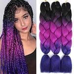 FANWYFYU Braiding Hair Extension 24 Inch 3 Packs Synthetic Profession Jumbo Braid in Hair Extensions Crochet Hair Extensions for Braiding (Black-Purple-Blue) ﻿