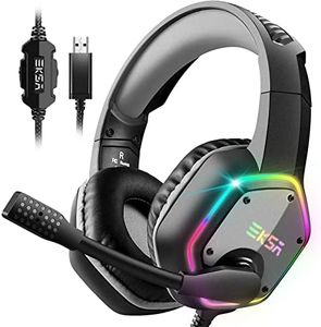 EKSA E1000 USB Gaming Headset for PC - Computer Headphones with Microphone/Mic Noise Cancelling, 7.1 Surround Sound Wired Headset & RGB Light - Gaming Headphones for PS4/PS5 Console Laptop (Gray)