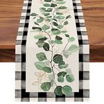 Seliem Spring Eucalyptus Leaves Greenery Table Runner, Black White Buffalo Plaid Check Kitchen Dining Table Decor, Green Plants Botanical Summer Farmhouse Home Decoration Party Supply 13 x 90 Inches
